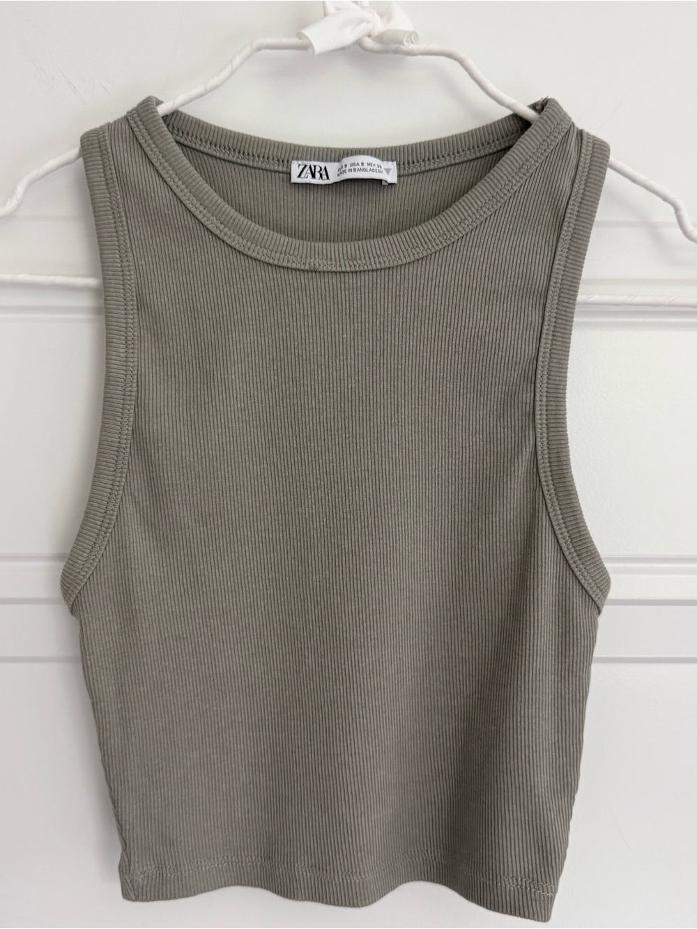 ZARA Olive Ribbed Cropped Tank Top, S